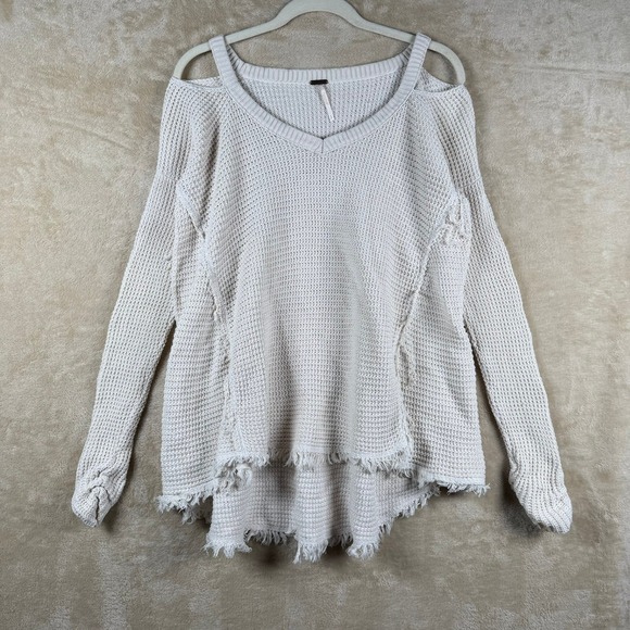 Free People Sweaters - Free People Moonshine Cold Shoulder Oversized Sweater Ivory Sz S Raw Edge Fringe